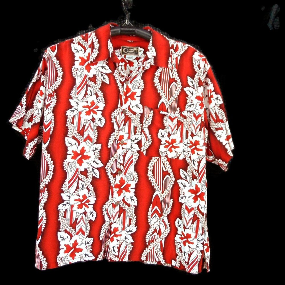 Tiki Palm Rayon Red White Hawaiian Camp Shirt XL Surf Board Lei Button Front